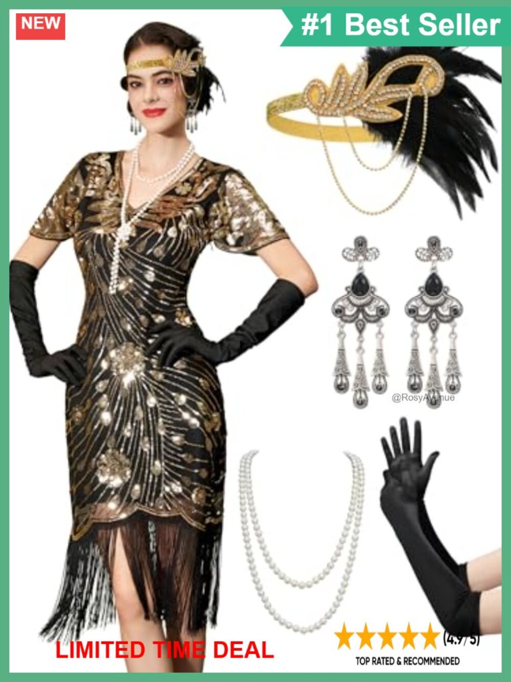 1920s Flapper Dress Fringe Sequin V-Neck Gatsby Costume Set with Accessories